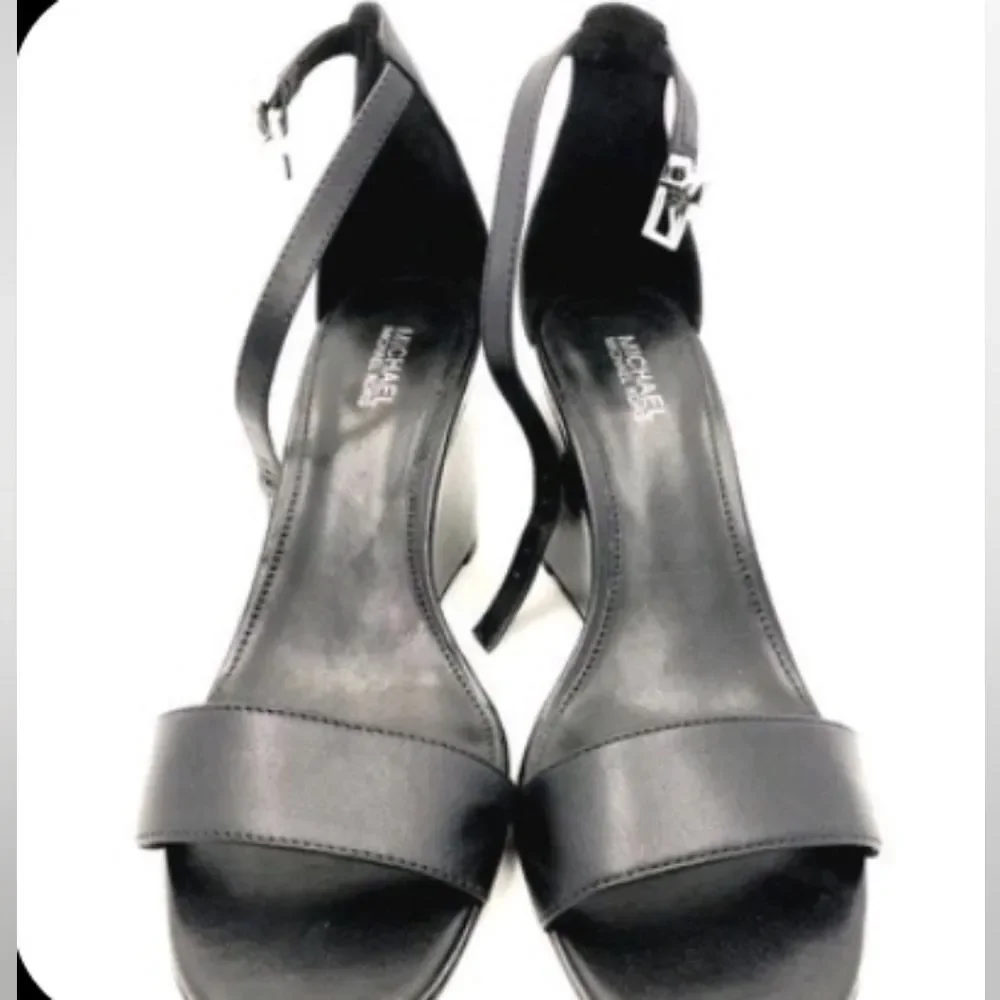 Michael Kors MK Fiona Designer Black Strappy Leather Heels Wedge 8.5